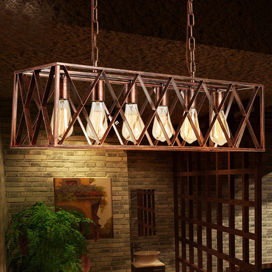 Metal Cross Framed Box Island Pendant Light Industrial 6 Light Dining Room Hanging Lamp in Weathered Copper Clearhalo 'Ceiling Lights' 'Island Lights' Lighting' 206644