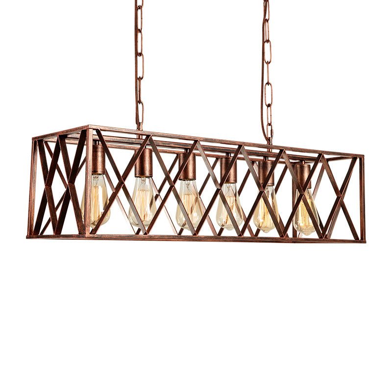 Metal Cross Framed Box Island Pendant Light Industrial 6 Light Dining Room Hanging Lamp in Weathered Copper Clearhalo 'Ceiling Lights' 'Island Lights' Lighting' 206645