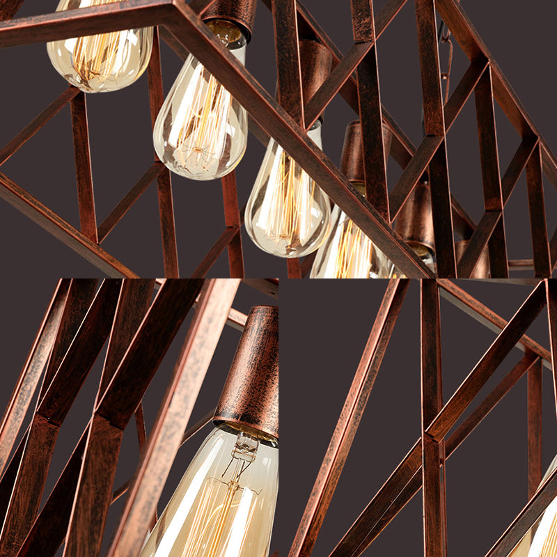 Metal Cross Framed Box Island Pendant Light Industrial 6 Light Dining Room Hanging Lamp in Weathered Copper Clearhalo 'Ceiling Lights' 'Island Lights' Lighting' 206647