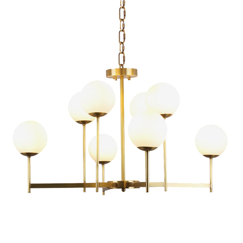 6/8 Bulbs Globe Chandelier Light Traditional Frosted Glass Hanging Ceiling Fixture in Brass Clearhalo 'Ceiling Lights' 'Chandeliers' 'Glass shade' 'Glass' Lighting' 206650