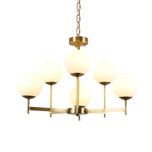6/8 Bulbs Globe Chandelier Light Traditional Frosted Glass Hanging Ceiling Fixture in Brass Clearhalo 'Ceiling Lights' 'Chandeliers' 'Glass shade' 'Glass' Lighting' 206654