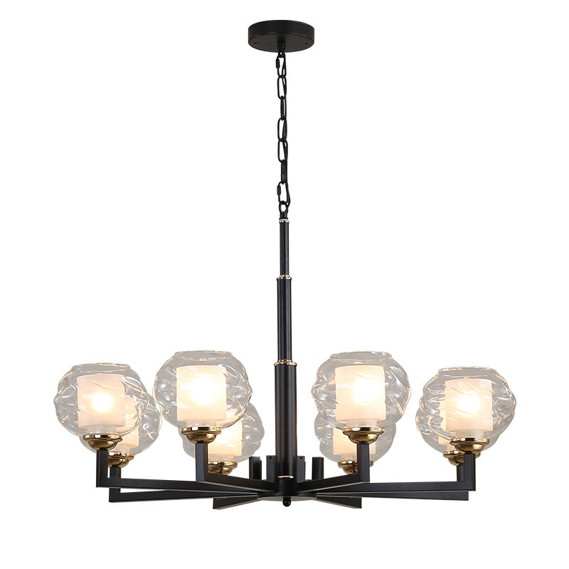 3/6/8 Bulbs Ceiling Lamp Globe Clear Textured Glass Traditional Living Room Chandelier Pendant Light in Black Clearhalo 'Ceiling Lights' 'Chandeliers' 'Glass shade' 'Glass' Lighting' 206681