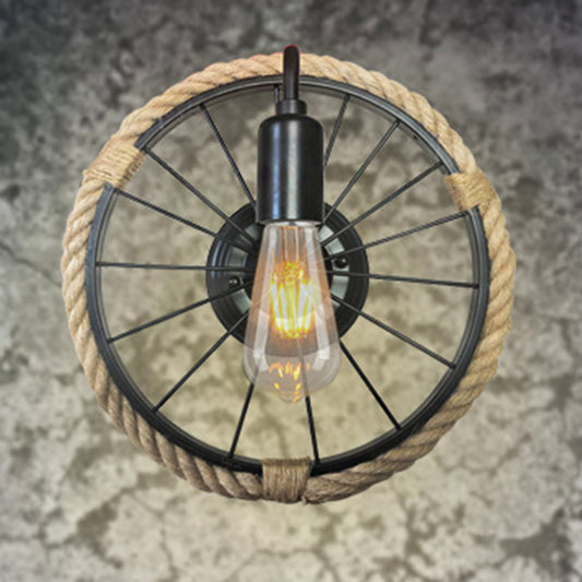 1 Light Open Bulb Sconce Lamp Industrial Black Rope Wall Mounted Light with Wheel Shape Clearhalo 'Industrial wall lights' 'Industrial' 'Middle century wall lights' 'Tiffany' 'Wall Lamps & Sconces' 'Wall Lights' Lighting' 206693