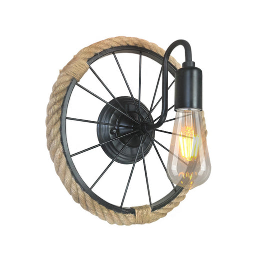 1 Light Open Bulb Sconce Lamp Industrial Black Rope Wall Mounted Light with Wheel Shape Clearhalo 'Industrial wall lights' 'Industrial' 'Middle century wall lights' 'Tiffany' 'Wall Lamps & Sconces' 'Wall Lights' Lighting' 206694