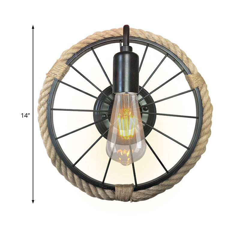 1 Light Open Bulb Sconce Lamp Industrial Black Rope Wall Mounted Light with Wheel Shape Clearhalo 'Industrial wall lights' 'Industrial' 'Middle century wall lights' 'Tiffany' 'Wall Lamps & Sconces' 'Wall Lights' Lighting' 206695