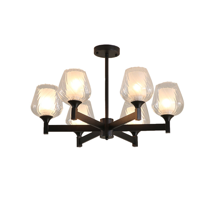 3/6/8 Lights Chandelier Light Cylinder Clear Textured Glass Traditional Dining Room Ceiling Lamp in Black Clearhalo 'Ceiling Lights' 'Chandeliers' 'Glass shade' 'Glass' Lighting' 206698