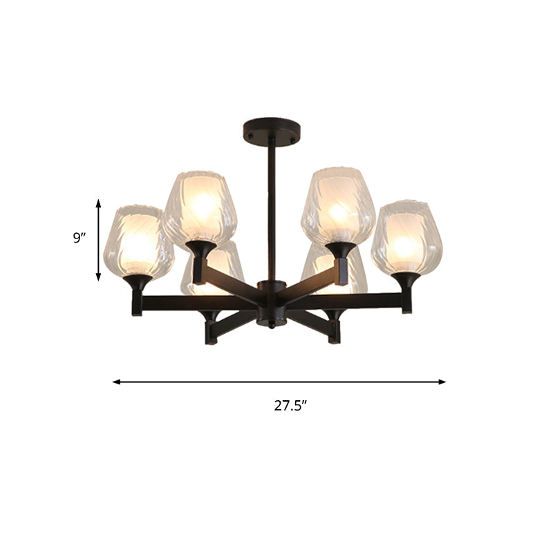 3/6/8 Lights Chandelier Light Cylinder Clear Textured Glass Traditional Dining Room Ceiling Lamp in Black Clearhalo 'Ceiling Lights' 'Chandeliers' 'Glass shade' 'Glass' Lighting' 206699