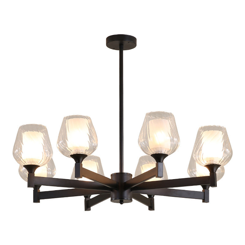 3/6/8 Lights Chandelier Light Cylinder Clear Textured Glass Traditional Dining Room Ceiling Lamp in Black Clearhalo 'Ceiling Lights' 'Chandeliers' 'Glass shade' 'Glass' Lighting' 206703