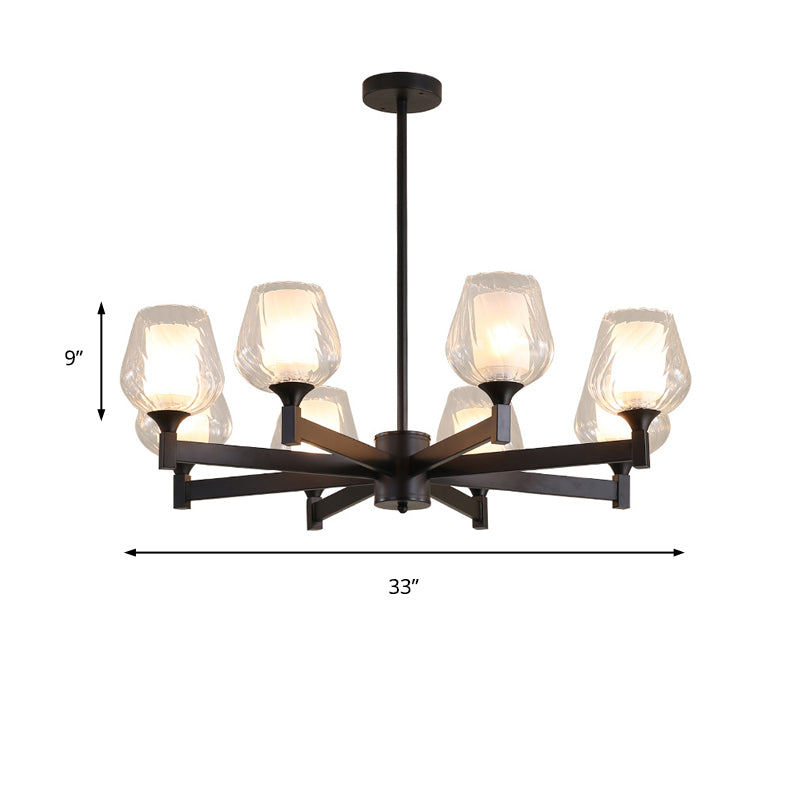 3/6/8 Lights Chandelier Light Cylinder Clear Textured Glass Traditional Dining Room Ceiling Lamp in Black Clearhalo 'Ceiling Lights' 'Chandeliers' 'Glass shade' 'Glass' Lighting' 206704