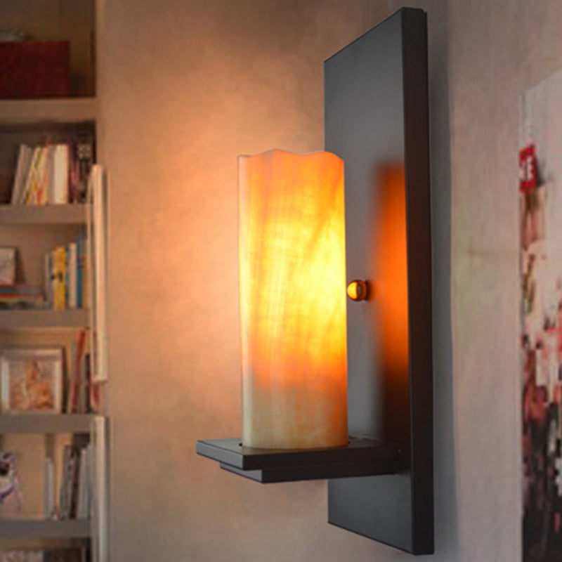 Cylinder Sconce Single Bulb Beige Marble/Clear Glass Industrial Bedroom Wall Mounted Lamp with Rectangle Backplate Clearhalo 'Art deco wall lights' 'Cast Iron' 'Glass' 'Industrial wall lights' 'Industrial' 'Middle century wall lights' 'Modern' 'Rustic wall lights' 'Tiffany' 'Traditional wall lights' 'Wall Lamps & Sconces' 'Wall Lights' Lighting' 206741