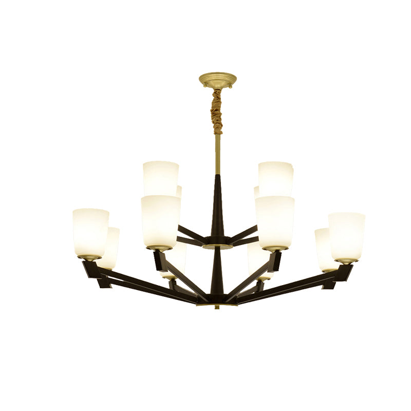 Cone Frosted Glass Light Chandelier Traditional 6/8/12 Lights Living Room Pendant Lighting in Black Clearhalo 'Ceiling Lights' 'Chandeliers' 'Glass shade' 'Glass' Lighting' 206781