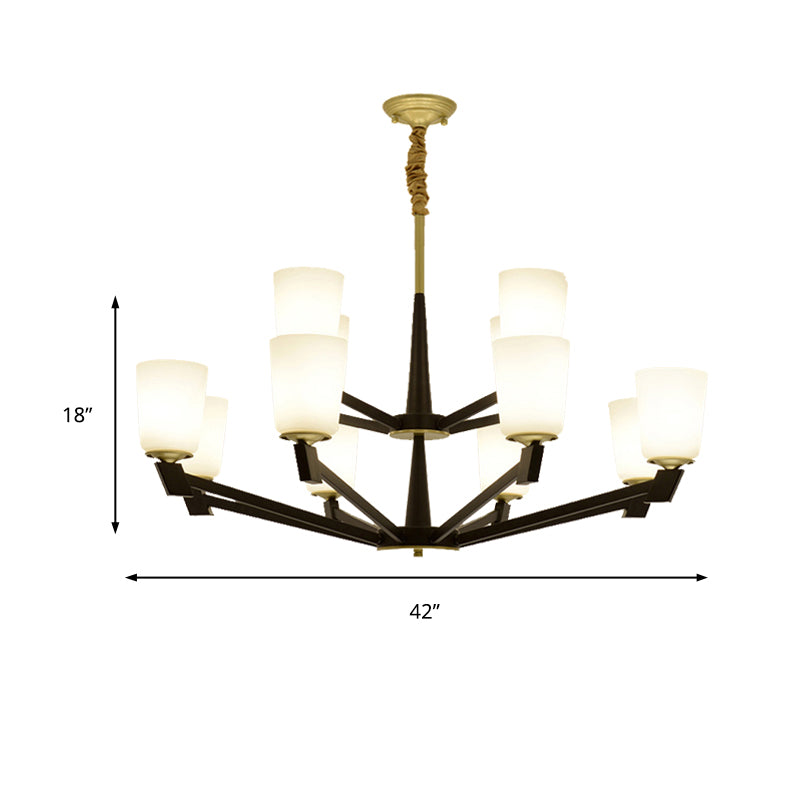 Cone Frosted Glass Light Chandelier Traditional 6/8/12 Lights Living Room Pendant Lighting in Black Clearhalo 'Ceiling Lights' 'Chandeliers' 'Glass shade' 'Glass' Lighting' 206782