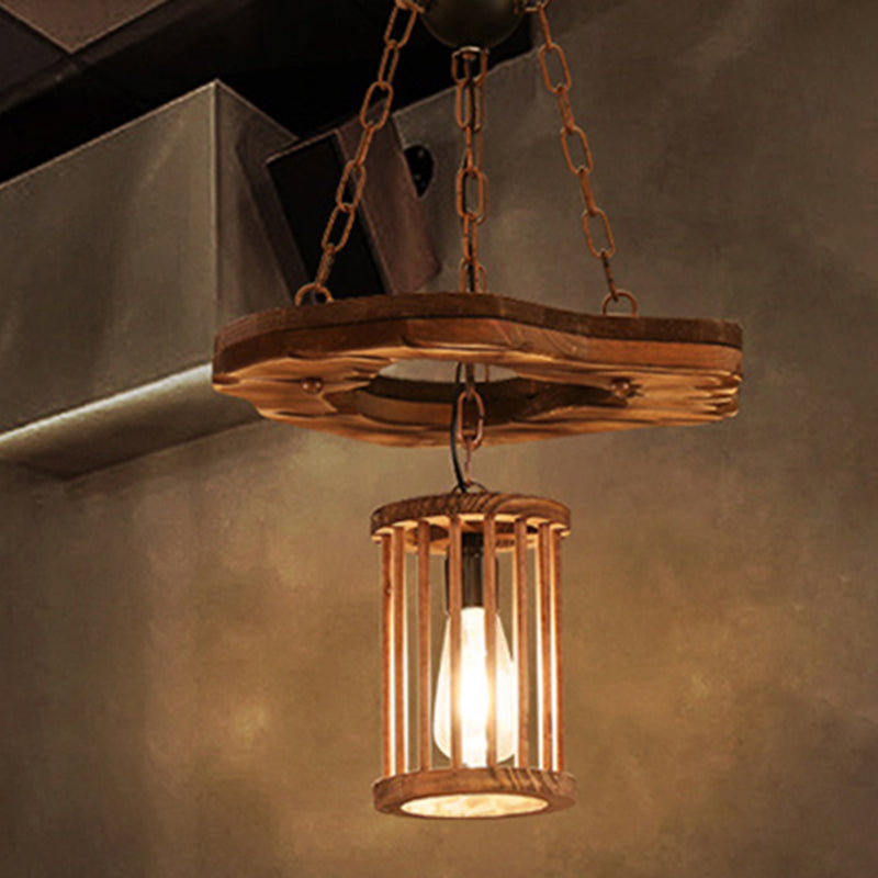 1 Light Cylinder Pendant Lighting Factory Black Wooden Hanging Light Fixture with Frame and Chain Wood Clearhalo 'Ceiling Lights' 'Industrial Pendants' 'Industrial' 'Middle Century Pendants' 'Pendant Lights' 'Pendants' 'Tiffany' Lighting' 206812