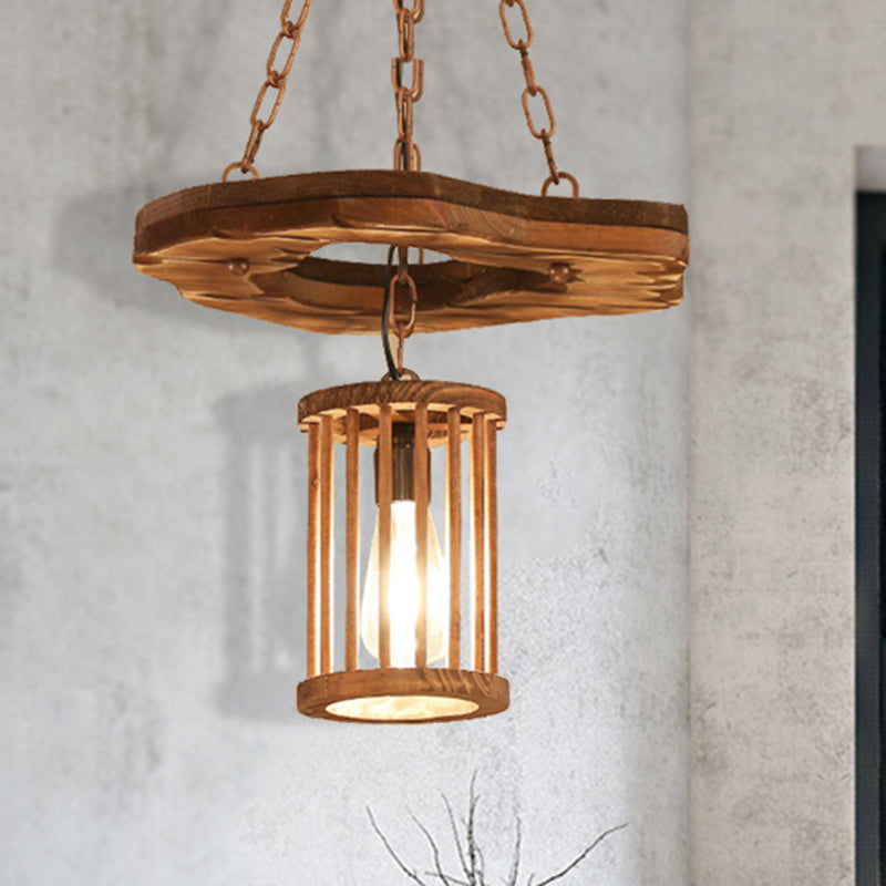 1 Light Cylinder Pendant Lighting Factory Black Wooden Hanging Light Fixture with Frame and Chain Clearhalo 'Ceiling Lights' 'Industrial Pendants' 'Industrial' 'Middle Century Pendants' 'Pendant Lights' 'Pendants' 'Tiffany' Lighting' 206813