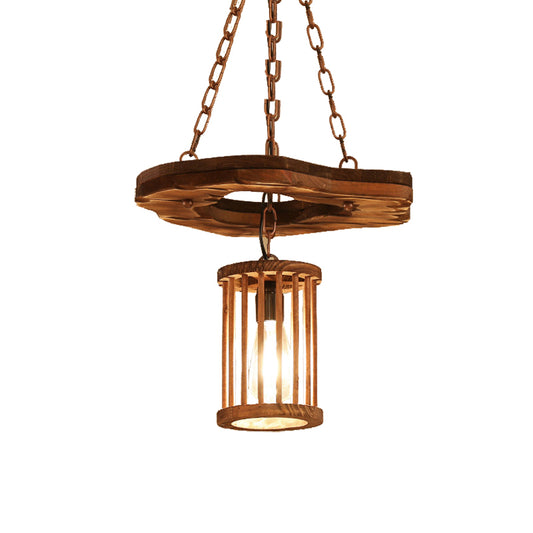 1 Light Cylinder Pendant Lighting Factory Black Wooden Hanging Light Fixture with Frame and Chain Clearhalo 'Ceiling Lights' 'Industrial Pendants' 'Industrial' 'Middle Century Pendants' 'Pendant Lights' 'Pendants' 'Tiffany' Lighting' 206814