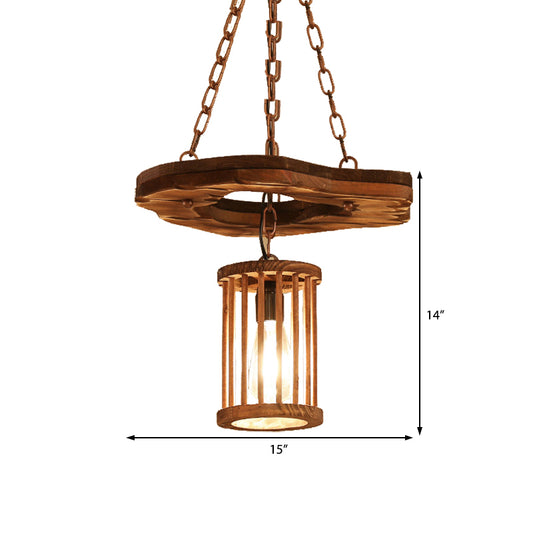 1 Light Cylinder Pendant Lighting Factory Black Wooden Hanging Light Fixture with Frame and Chain Clearhalo 'Ceiling Lights' 'Industrial Pendants' 'Industrial' 'Middle Century Pendants' 'Pendant Lights' 'Pendants' 'Tiffany' Lighting' 206815