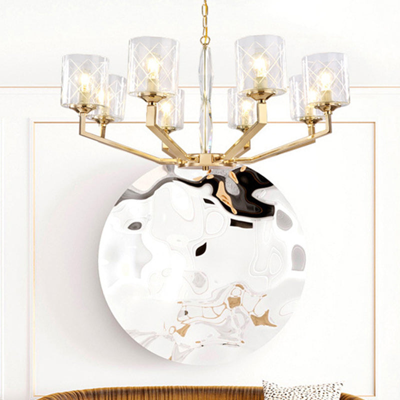 Cylinder Living Room Ceiling Chandelier Traditional Clear Glass 6/8 Light Brass Hanging Fixture Clearhalo 'Ceiling Lights' 'Chandeliers' 'Glass shade' 'Glass' Lighting' 206818