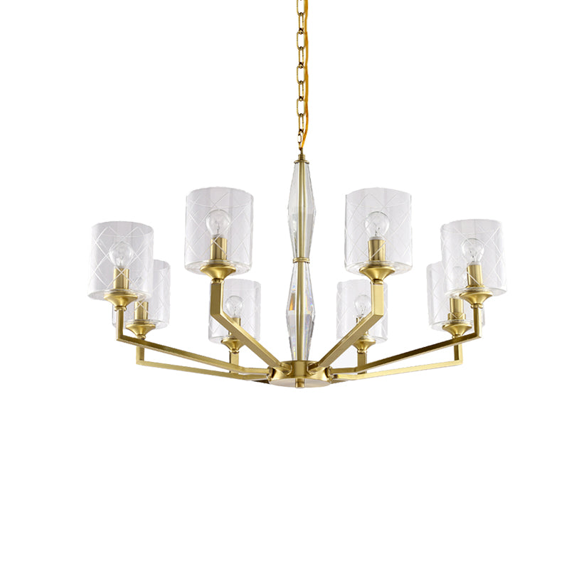 Cylinder Living Room Ceiling Chandelier Traditional Clear Glass 6/8 Light Brass Hanging Fixture Clearhalo 'Ceiling Lights' 'Chandeliers' 'Glass shade' 'Glass' Lighting' 206819
