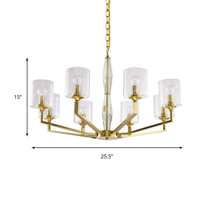 Cylinder Living Room Ceiling Chandelier Traditional Clear Glass 6/8 Light Brass Hanging Fixture Clearhalo 'Ceiling Lights' 'Chandeliers' 'Glass shade' 'Glass' Lighting' 206820