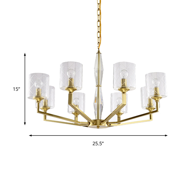 Cylinder Living Room Ceiling Chandelier Traditional Clear Glass 6/8 Light Brass Hanging Fixture Clearhalo 'Ceiling Lights' 'Chandeliers' 'Glass shade' 'Glass' Lighting' 206820