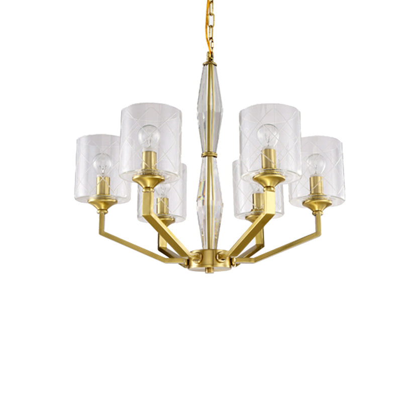 Cylinder Living Room Ceiling Chandelier Traditional Clear Glass 6/8 Light Brass Hanging Fixture Clearhalo 'Ceiling Lights' 'Chandeliers' 'Glass shade' 'Glass' Lighting' 206825