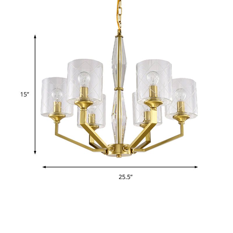 Cylinder Living Room Ceiling Chandelier Traditional Clear Glass 6/8 Light Brass Hanging Fixture Clearhalo 'Ceiling Lights' 'Chandeliers' 'Glass shade' 'Glass' Lighting' 206826
