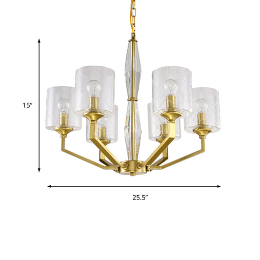 Cylinder Living Room Ceiling Chandelier Traditional Clear Glass 6/8 Light Brass Hanging Fixture Clearhalo 'Ceiling Lights' 'Chandeliers' 'Glass shade' 'Glass' Lighting' 206826