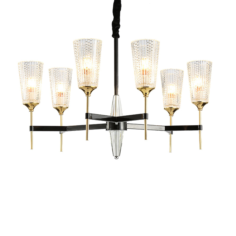 Clear 6/8 Lights Pendant Chandelier Traditional Textured Glass Cone Hanging Light for Living Room Clearhalo 'Ceiling Lights' 'Chandeliers' 'Glass shade' 'Glass' Lighting' 206850