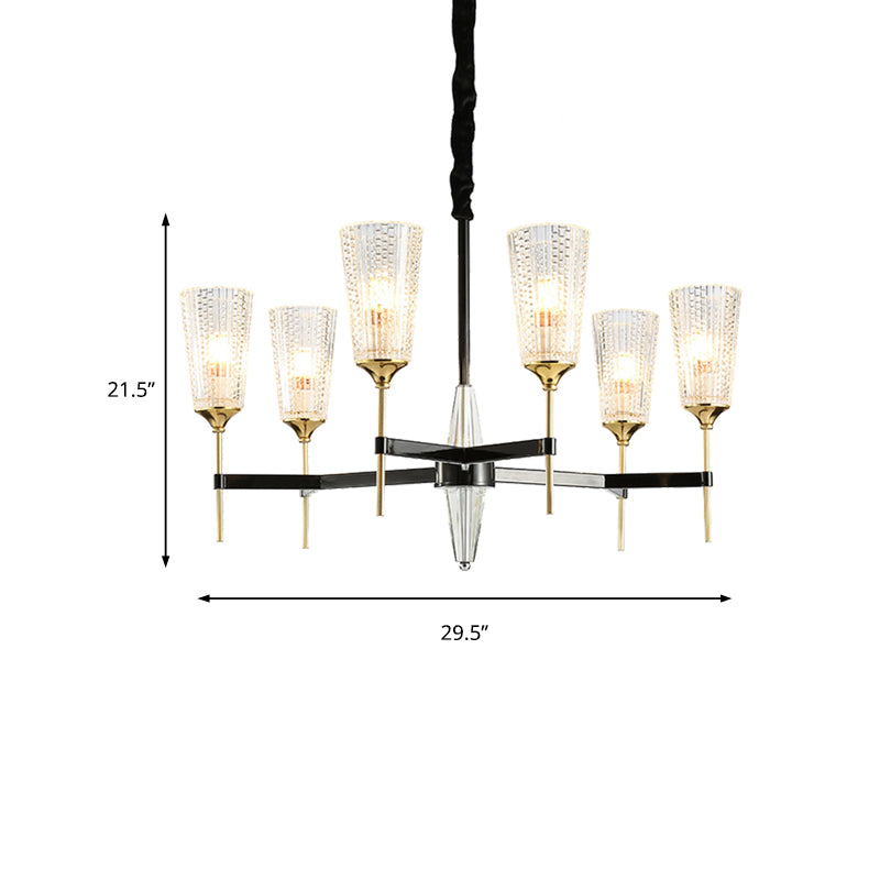 Clear 6/8 Lights Pendant Chandelier Traditional Textured Glass Cone Hanging Light for Living Room Clearhalo 'Ceiling Lights' 'Chandeliers' 'Glass shade' 'Glass' Lighting' 206851
