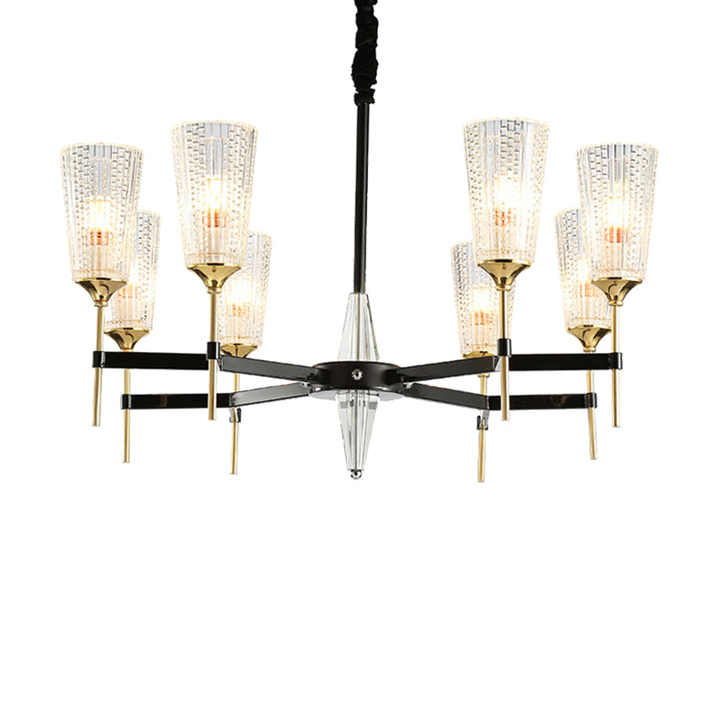 Clear 6/8 Lights Pendant Chandelier Traditional Textured Glass Cone Hanging Light for Living Room Clearhalo 'Ceiling Lights' 'Chandeliers' 'Glass shade' 'Glass' Lighting' 206853