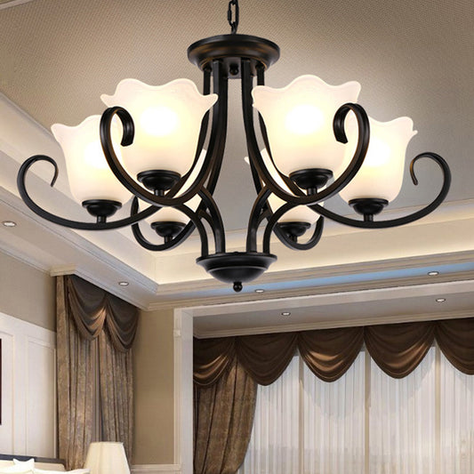 3/6/8 Lights Ceiling Light Traditional Flower Shape Frosted Glass Hanging Chandelier in Black for Living Room 6 Black Clearhalo 'Ceiling Lights' 'Chandeliers' 'Glass shade' 'Glass' Lighting' 206861