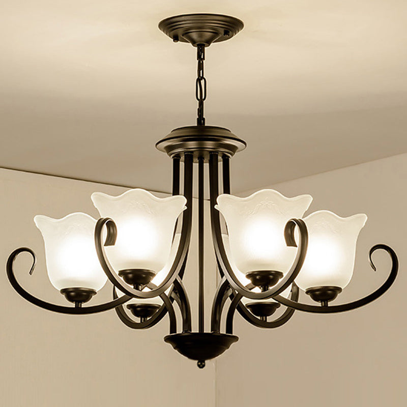 3/6/8 Lights Ceiling Light Traditional Flower Shape Frosted Glass Hanging Chandelier in Black for Living Room Clearhalo 'Ceiling Lights' 'Chandeliers' 'Glass shade' 'Glass' Lighting' 206862
