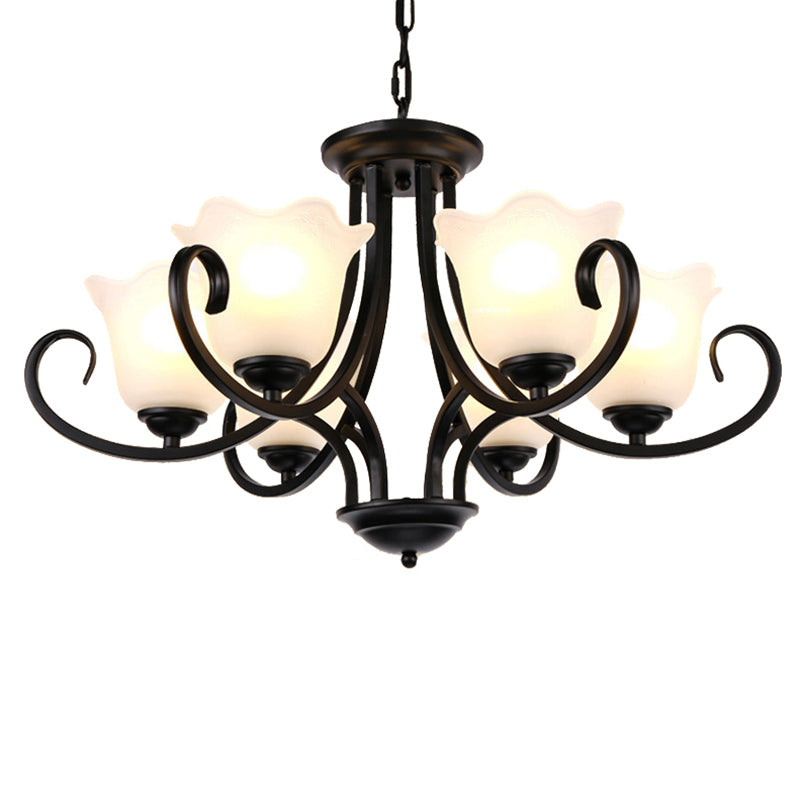 3/6/8 Lights Ceiling Light Traditional Flower Shape Frosted Glass Hanging Chandelier in Black for Living Room Clearhalo 'Ceiling Lights' 'Chandeliers' 'Glass shade' 'Glass' Lighting' 206863