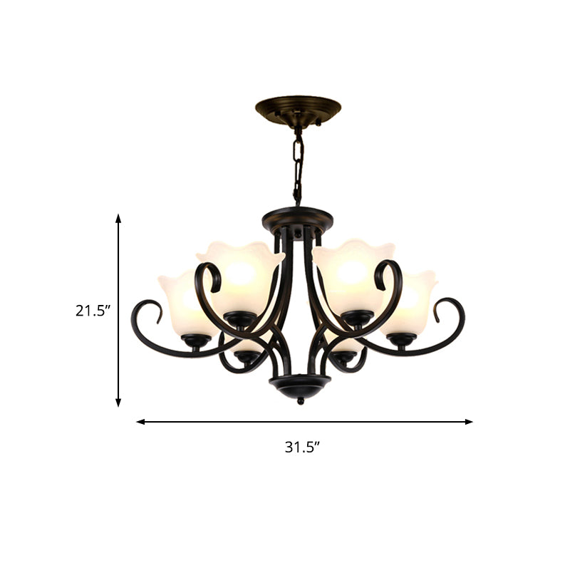 3/6/8 Lights Ceiling Light Traditional Flower Shape Frosted Glass Hanging Chandelier in Black for Living Room Clearhalo 'Ceiling Lights' 'Chandeliers' 'Glass shade' 'Glass' Lighting' 206864