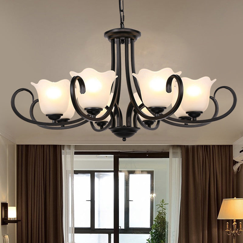 3/6/8 Lights Ceiling Light Traditional Flower Shape Frosted Glass Hanging Chandelier in Black for Living Room 8 Black Clearhalo 'Ceiling Lights' 'Chandeliers' 'Glass shade' 'Glass' Lighting' 206865