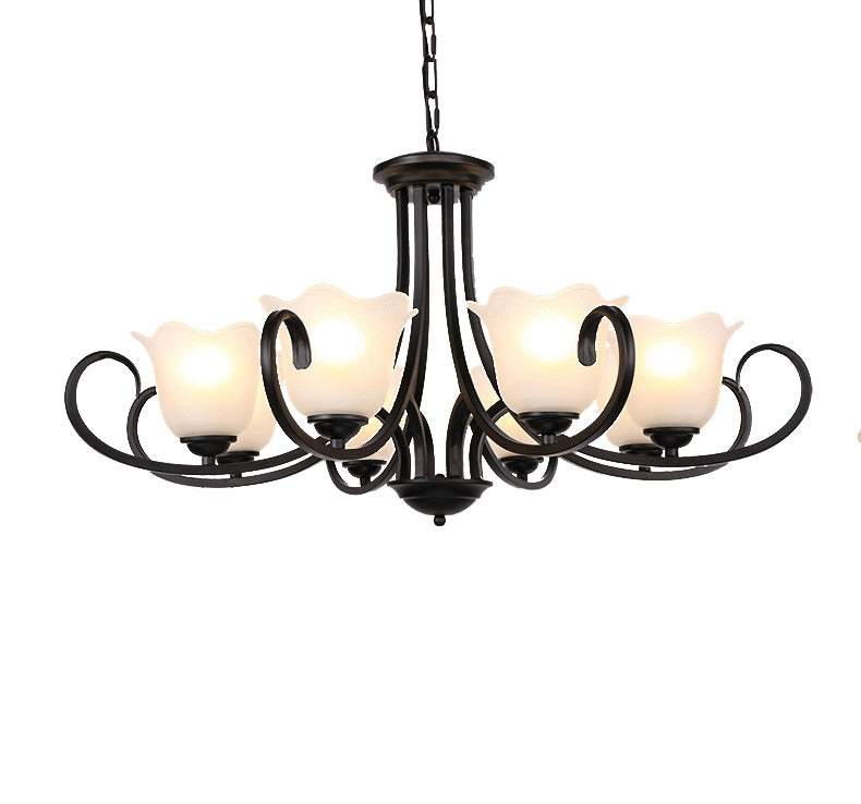 3/6/8 Lights Ceiling Light Traditional Flower Shape Frosted Glass Hanging Chandelier in Black for Living Room Clearhalo 'Ceiling Lights' 'Chandeliers' 'Glass shade' 'Glass' Lighting' 206866