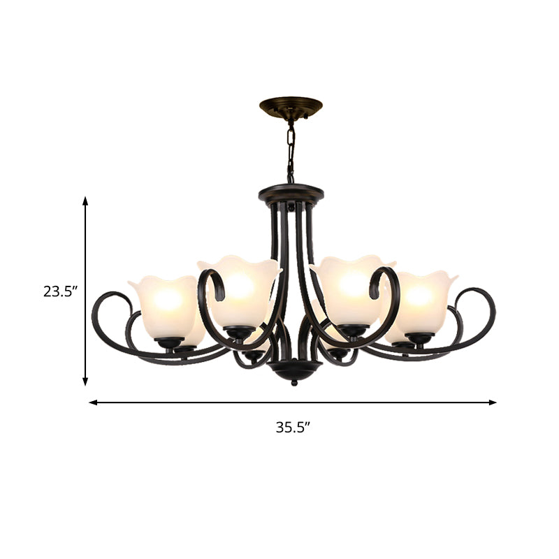 3/6/8 Lights Ceiling Light Traditional Flower Shape Frosted Glass Hanging Chandelier in Black for Living Room Clearhalo 'Ceiling Lights' 'Chandeliers' 'Glass shade' 'Glass' Lighting' 206867