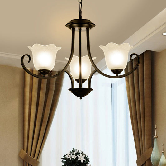 3/6/8 Lights Ceiling Light Traditional Flower Shape Frosted Glass Hanging Chandelier in Black for Living Room 3 Black Clearhalo 'Ceiling Lights' 'Chandeliers' 'Glass shade' 'Glass' Lighting' 206868