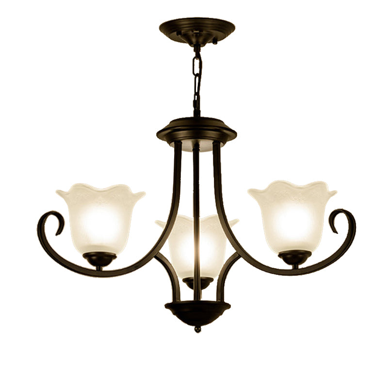 3/6/8 Lights Ceiling Light Traditional Flower Shape Frosted Glass Hanging Chandelier in Black for Living Room Clearhalo 'Ceiling Lights' 'Chandeliers' 'Glass shade' 'Glass' Lighting' 206869