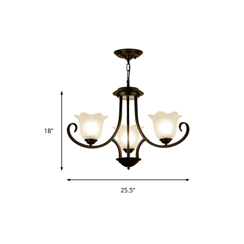 3/6/8 Lights Ceiling Light Traditional Flower Shape Frosted Glass Hanging Chandelier in Black for Living Room Clearhalo 'Ceiling Lights' 'Chandeliers' 'Glass shade' 'Glass' Lighting' 206870