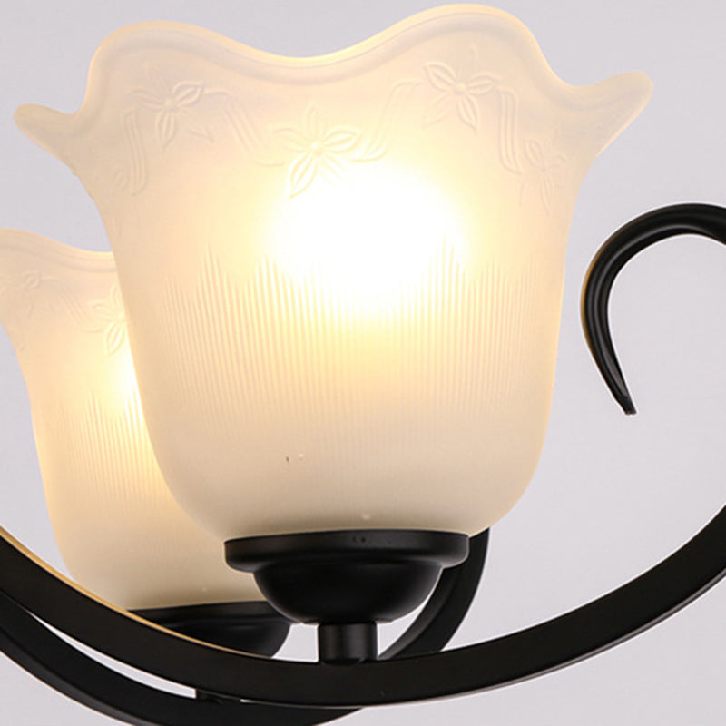 3/6/8 Lights Ceiling Light Traditional Flower Shape Frosted Glass Hanging Chandelier in Black for Living Room Clearhalo 'Ceiling Lights' 'Chandeliers' 'Glass shade' 'Glass' Lighting' 206872