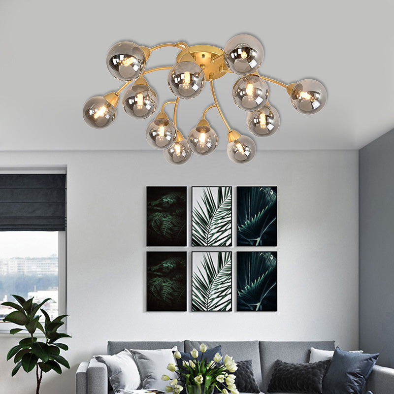 Grape Shape Semi Flush Lamp Modernist Amber/Smoky/Cream Glass 6/12 Lights Gold Led Semi Flush Mount Light Fixture 12 Smoke Gray Clearhalo 'Ceiling Lights' 'Chandeliers' 'Close To Ceiling Lights' 'Close to ceiling' 'Glass shade' 'Glass' 'Semi-flushmount' Lighting' 207053