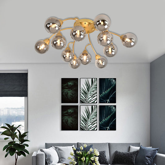 Grape Shape Semi Flush Lamp Modernist Amber/Smoky/Cream Glass 6/12 Lights Gold Led Semi Flush Mount Light Fixture 12 Smoke Gray Clearhalo 'Ceiling Lights' 'Chandeliers' 'Close To Ceiling Lights' 'Close to ceiling' 'Glass shade' 'Glass' 'Semi-flushmount' Lighting' 207053