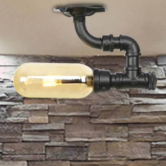 1 Light Capsuled Shade Semi Flush Light Industrial Black Amber Glass Ceiling Mount with Pipe Design Black C Clearhalo 'Ceiling Lights' 'Close To Ceiling Lights' 'Close to ceiling' 'Semi-flushmount' Lighting' 207104