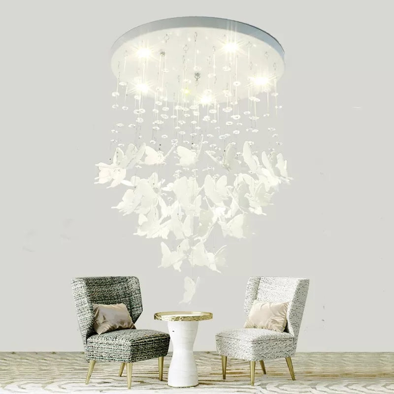 Romantic Round Ceiling Fixture with Butterfly & Clear Crystal Metal White Flush Ceiling Light for Shop White A Clearhalo 'Ceiling Lights' 'Close To Ceiling Lights' 'Close to ceiling' 'Flush mount' Lighting' 20726