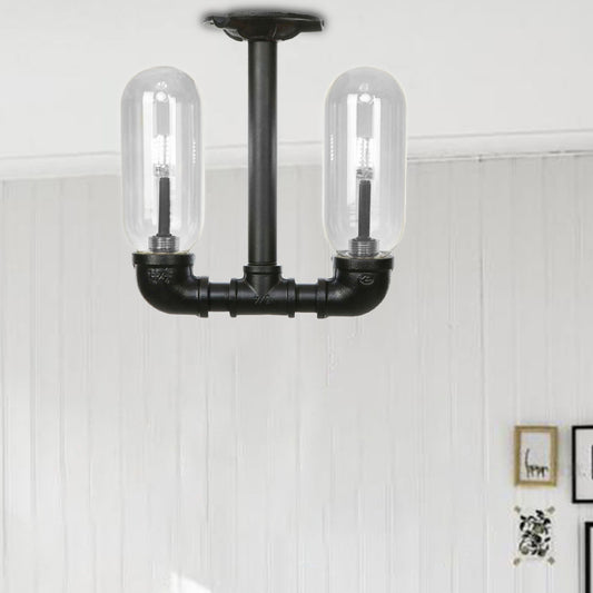 Matte Black Capsule Shade Semi Flush Light Rustic Clear Glass 2-Light Living Room Ceiling Lighting Fixture with Pipe Design Black C Clearhalo 'Ceiling Lights' 'Close To Ceiling Lights' 'Close to ceiling' 'Semi-flushmount' Lighting' 207276