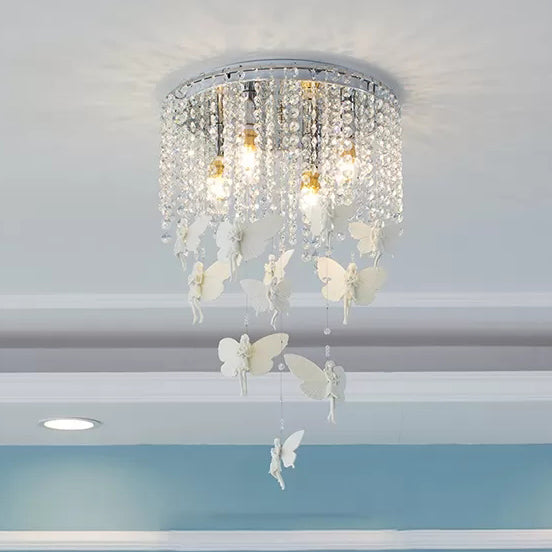 Romantic Round Ceiling Fixture with Butterfly & Clear Crystal Metal White Flush Ceiling Light for Shop White B Clearhalo 'Ceiling Lights' 'Close To Ceiling Lights' 'Close to ceiling' 'Flush mount' Lighting' 20730