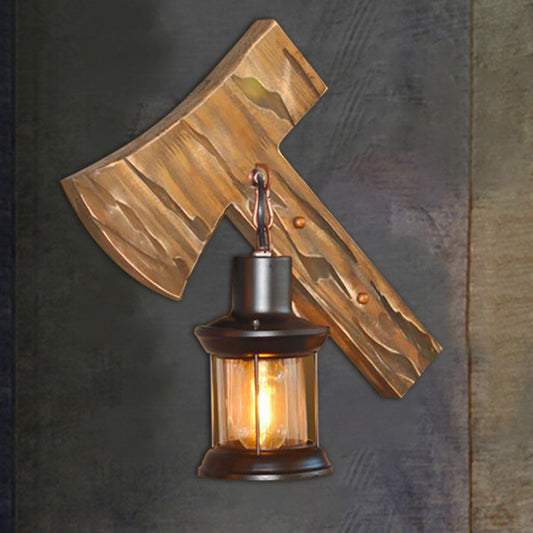 Lantern Indoor Wall Light Fixture Rustic Style Clear Glass 1 Light Black Sconce Lamp with Wooden Backplate Wood A Clearhalo 'Art deco wall lights' 'Cast Iron' 'Glass' 'Industrial wall lights' 'Industrial' 'Middle century wall lights' 'Modern' 'Rustic wall lights' 'Tiffany' 'Traditional wall lights' 'Wall Lamps & Sconces' 'Wall Lights' Lighting' 207645