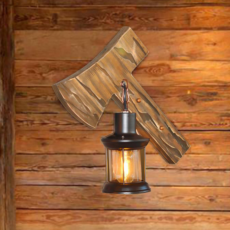 Lantern Indoor Wall Light Fixture Rustic Style Clear Glass 1 Light Black Sconce Lamp with Wooden Backplate Clearhalo 'Art deco wall lights' 'Cast Iron' 'Glass' 'Industrial wall lights' 'Industrial' 'Middle century wall lights' 'Modern' 'Rustic wall lights' 'Tiffany' 'Traditional wall lights' 'Wall Lamps & Sconces' 'Wall Lights' Lighting' 207646