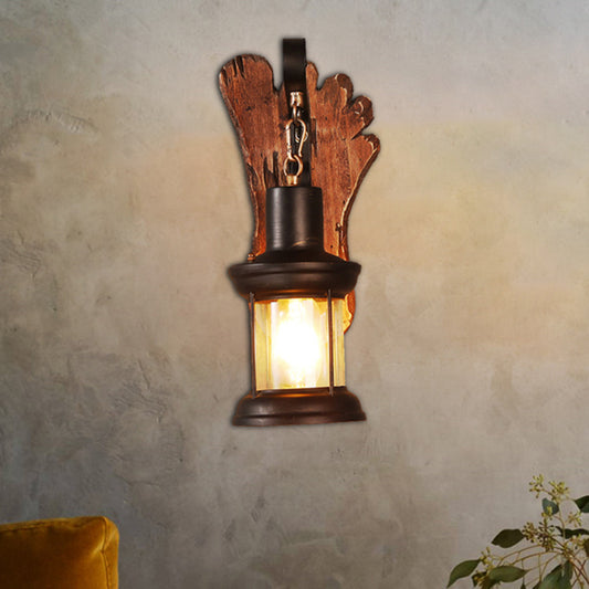 Kerosene Dining Room Wall Lamp Coastal Clear Glass 1 Light Black Sconce Light Fixture with Wooden Foot/Axe Backplate Black Foot Clearhalo 'Industrial wall lights' 'Industrial' 'Middle century wall lights' 'Tiffany' 'Wall Lamps & Sconces' 'Wall Lights' Lighting' 207650